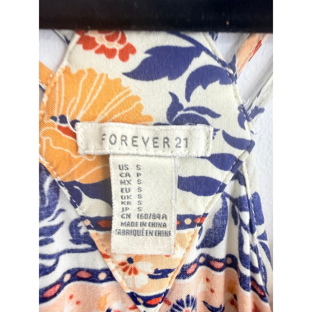 Forever 21 Women's Blue Orange Floral Boho Maxi Dress Strappy Racerback Sz S - Picture 5 of 12